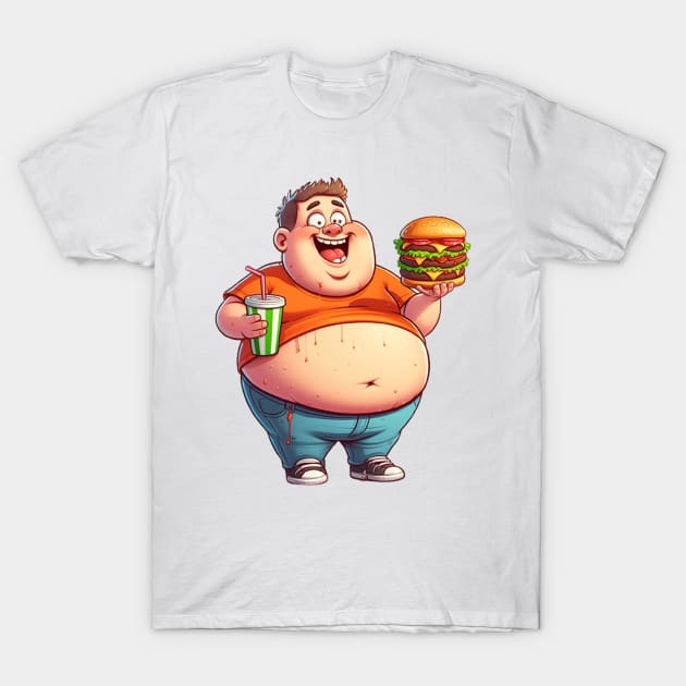 a fat young man eating a burger T-Shirt by Wowcool